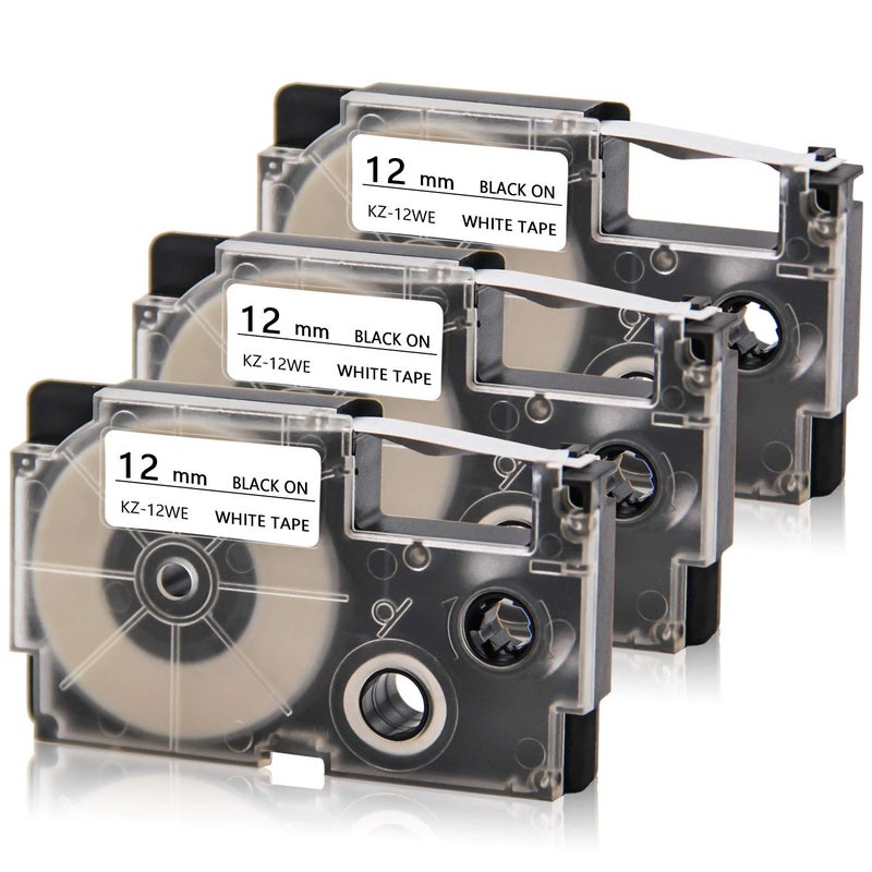 Absonic 3-Pack Compatible for Casio XR-12WE XR-12WE2S 12mm 1/2" Black on White Label It Tape Cartridge for KL-60 KL-100 KL-120 KL-750 KL-780 KL-820 KL-7000 KL7200 Label Printer - Image 1